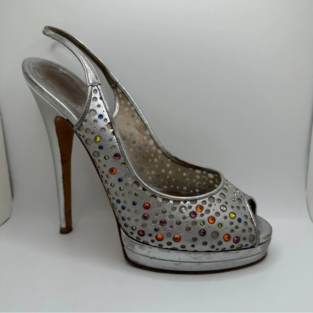 Casadei Women’s Slingback Heels‎ Womens Sandal Silver Multi Strass Size 8